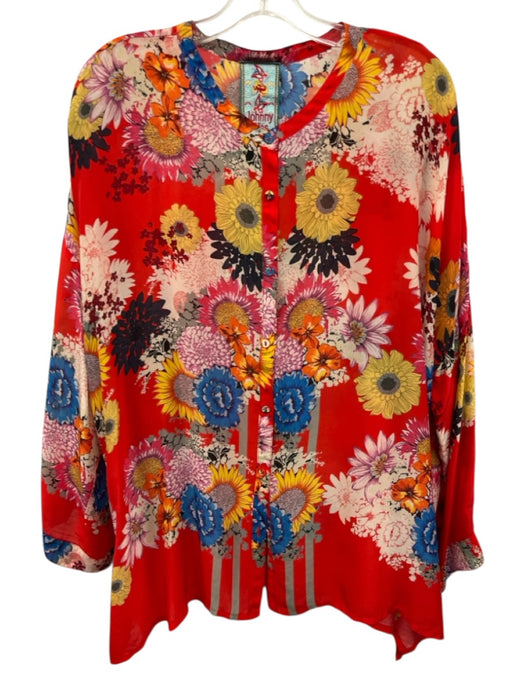 Johnny Was Size Est L Red & Multi Cupra Rayon Button Up Long Sleeve Floral Top Red & Multi / Est L