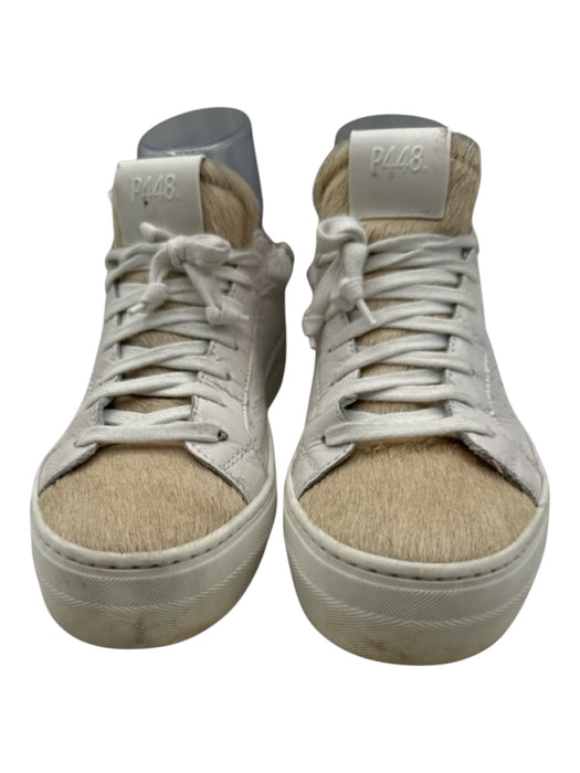 P448 Shoe Size 38 White & Beige Patent Leather Pony Hair Rubber Laces Sneakers White & Beige / 38