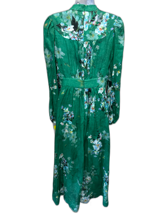 Zimmermann Size 1 / S Green, Brown, White Linen Long Balloon Sleeve Floral Dress Green, Brown, White / 1 / S