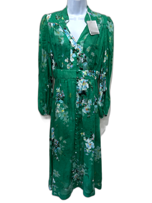 Zimmermann Size 1 / S Green, Brown, White Linen Long Balloon Sleeve Floral Dress Green, Brown, White / 1 / S