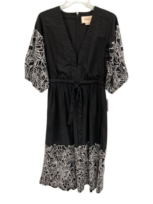 Figue Size 4 Black & White Cotton Floral Embroidered 1/2 Balloon Sleeve Dress Black & White / 4