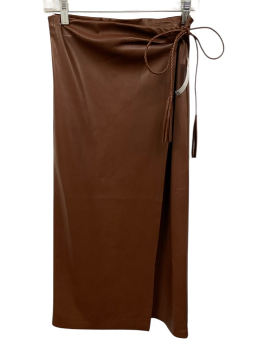 Mother Size M Cognac Brown PU Leather Braided Cord Tie Side Wrap Midi Skirt Cognac Brown / M