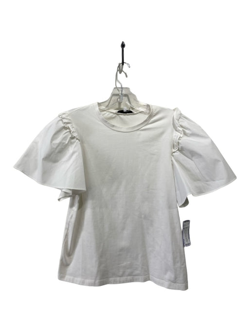 English Factory Size S White Cotton Blend Round Neck Short Flutter Sleeve Top White / S