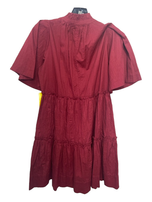 Sea New York Size 2 Maroon Red Cotton Ruffle Neck Short Sleeve Tiered Dress Maroon Red / 2