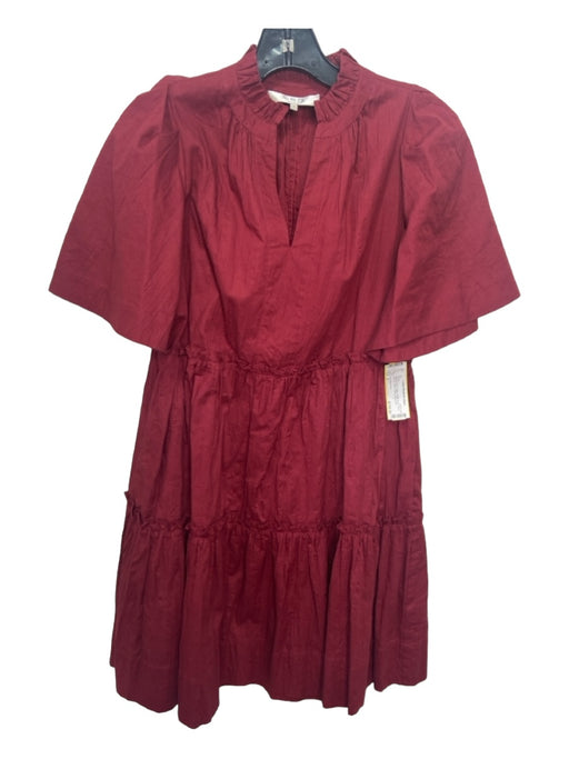 Sea New York Size 2 Maroon Red Cotton Ruffle Neck Short Sleeve Tiered Dress Maroon Red / 2