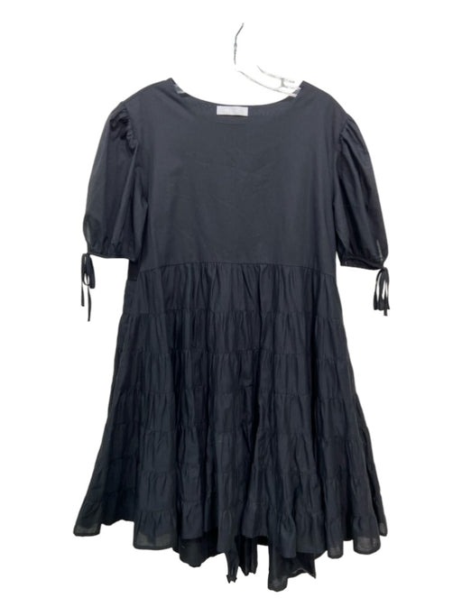 Merlette Size XS Black Cotton Round Neck Short Puff Sleeve Shift Tiered Dress Black / XS