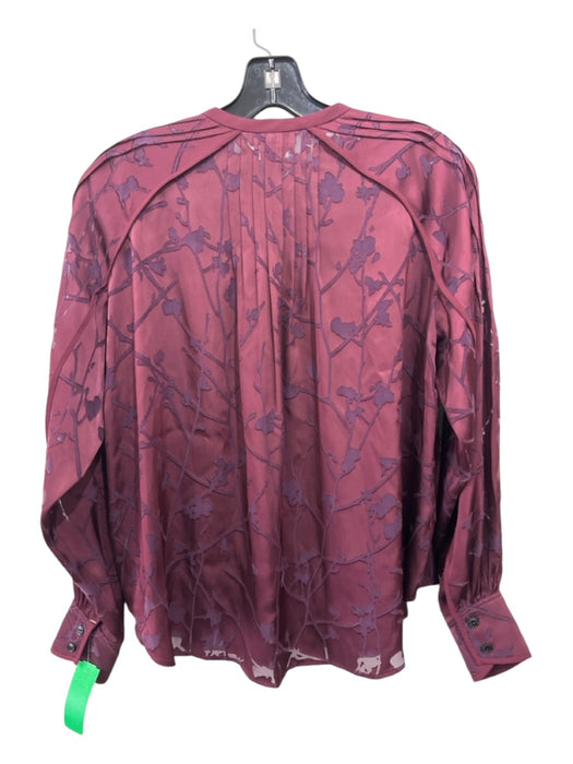 Rag & Bone Size XS Burgundy Viscose Blend Pleated Long Sleeve Sheer Floral Top Burgundy / XS