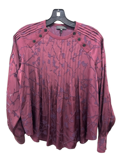 Rag & Bone Size XS Burgundy Viscose Blend Pleated Long Sleeve Sheer Floral Top Burgundy / XS