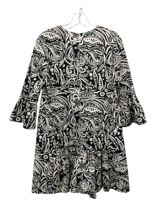 Double J Size XS Cream & Black Cotton Abstract Back Zip Trumpet Sleeve Dress Cream & Black / XS