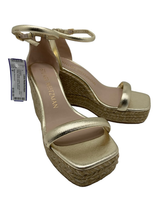 Stuart Weitzman Shoe Size 8 Gold & Beige Leather open toe Ankle Strap Wedges Gold & Beige / 8