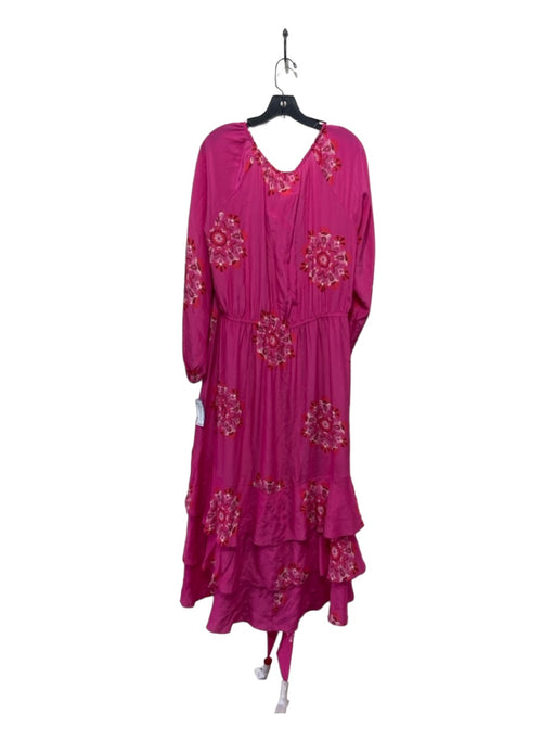Figue Size L Pink & Red Silk Wrap Floral Paisley Long Balloon Sleeve Maxi Dress Pink & Red / L