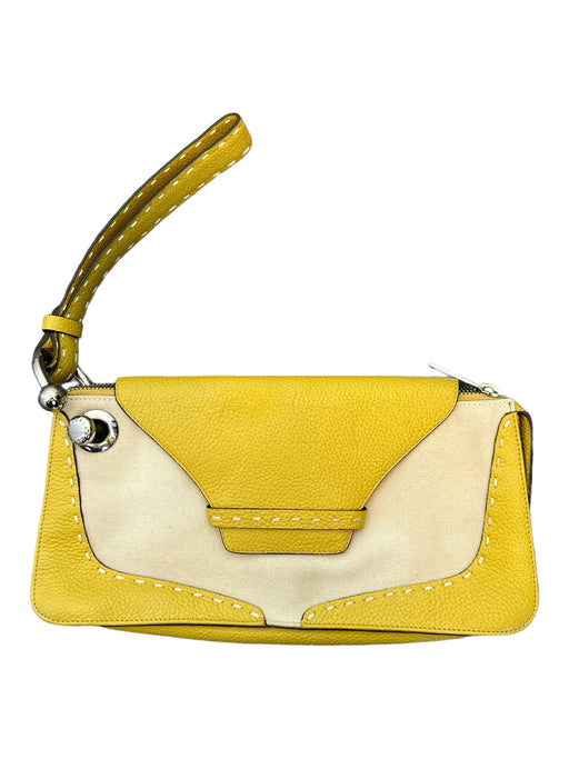 BCBG Maxazria Yellow & Tan Leather Canvas Front Flap Wristlet Bag Yellow & Tan / S
