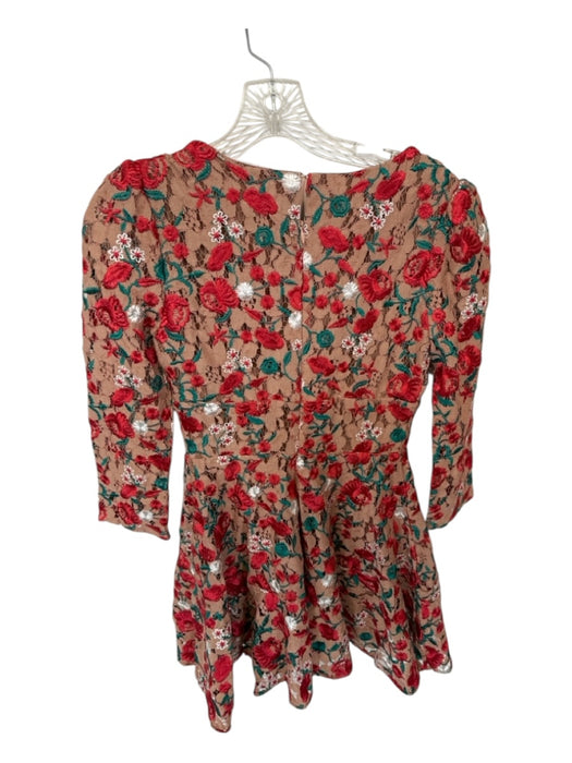 Lovers + Friends Size XS Tan & Red Lace Long Sleeve Flowers V Neck Dress Tan & Red / XS