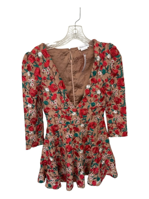 Lovers + Friends Size XS Tan & Red Lace Long Sleeve Flowers V Neck Dress Tan & Red / XS