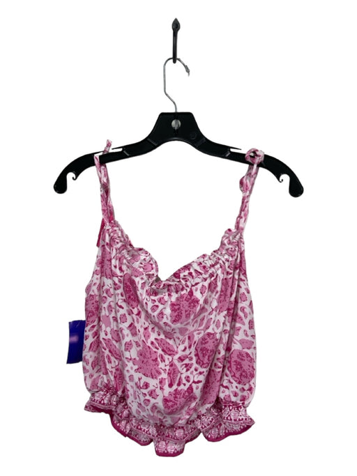 Natalie Martin Size XS Pink & White Silk Tie Strap Floral Paisley Ruffle Hem Top Pink & White / XS