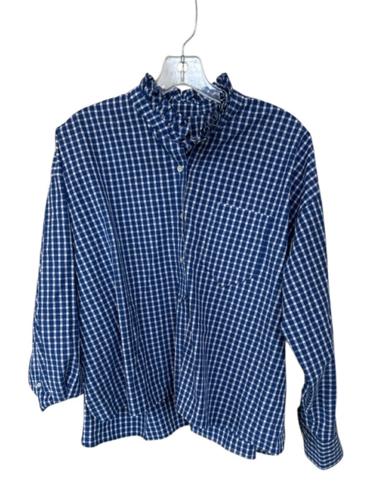 Isabel Marant Size 34/XS Blue & White Cotton Long Balloon Sleeve Checkered Top Blue & White / 34/XS
