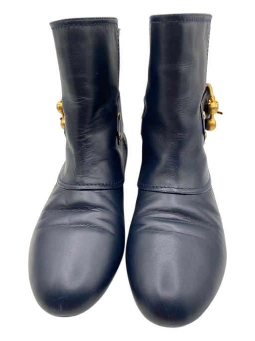 Alexander McQueen Shoe Size 35.5 Navy Blue Leather Gold hardware Skulls Booties Navy Blue / 35.5