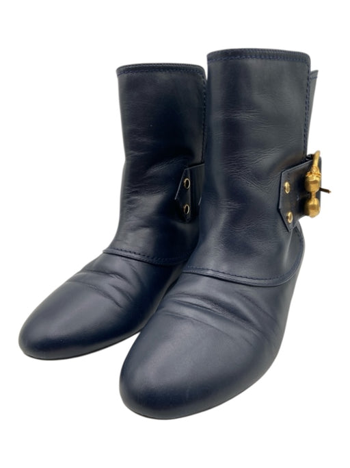 Alexander McQueen Shoe Size 35.5 Navy Blue Leather Gold hardware Skulls Booties Navy Blue / 35.5
