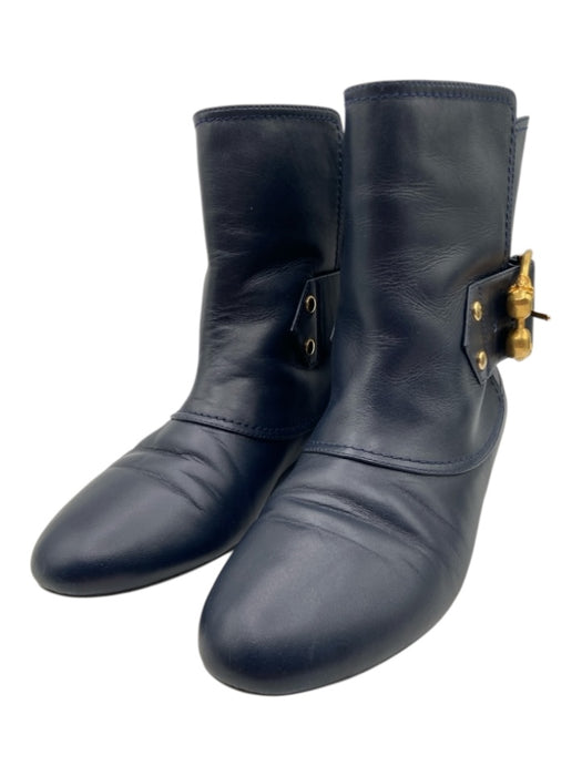 Alexander McQueen Shoe Size 35.5 Navy Blue Leather Gold hardware Skulls Booties Navy Blue / 35.5