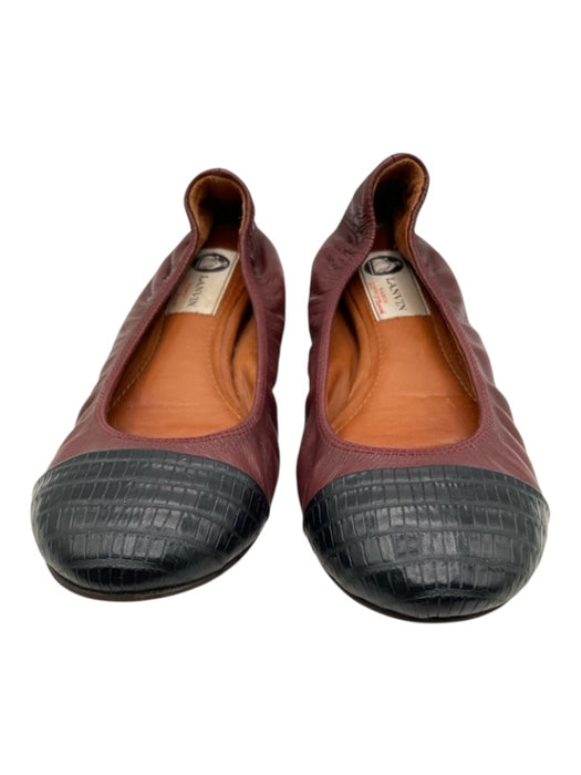 Lanvin Shoe Size 37 Burgundy & Black Leather Toe cap Reptile Embossed Flats Burgundy & Black / 37