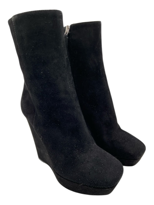 Prada Shoe Size 36 Black Leather Suede Side Zip Square Toe Wedge Boots Black / 36