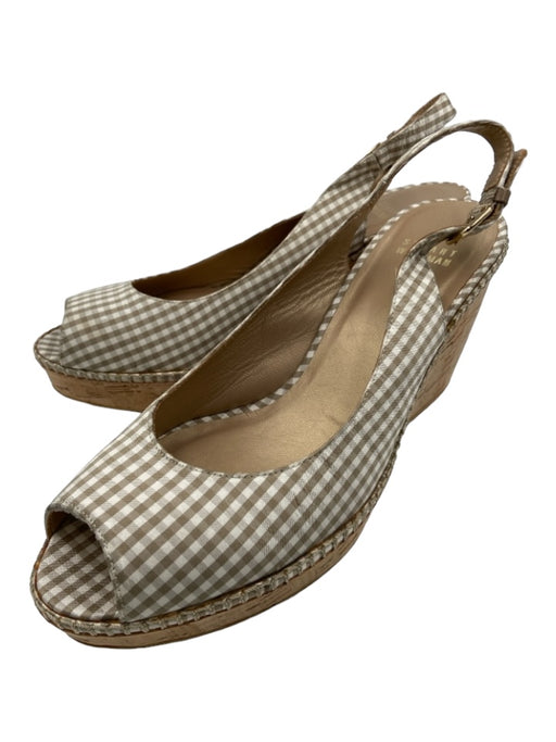 Stuart Weitzman Shoe Size 9.5 White & Brown Cork Leather Lining Gingham Wedges White & Brown / 9.5