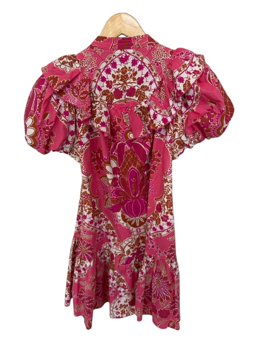 Love The Label Size M Pink & Tan Cotton Short Balloon Sleeve Botanical Dress Pink & Tan / M