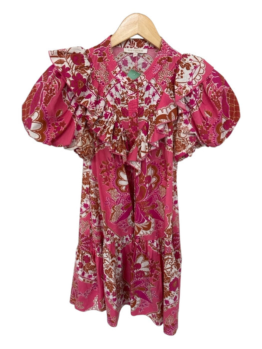 Love The Label Size M Pink & Tan Cotton Short Balloon Sleeve Botanical Dress Pink & Tan / M