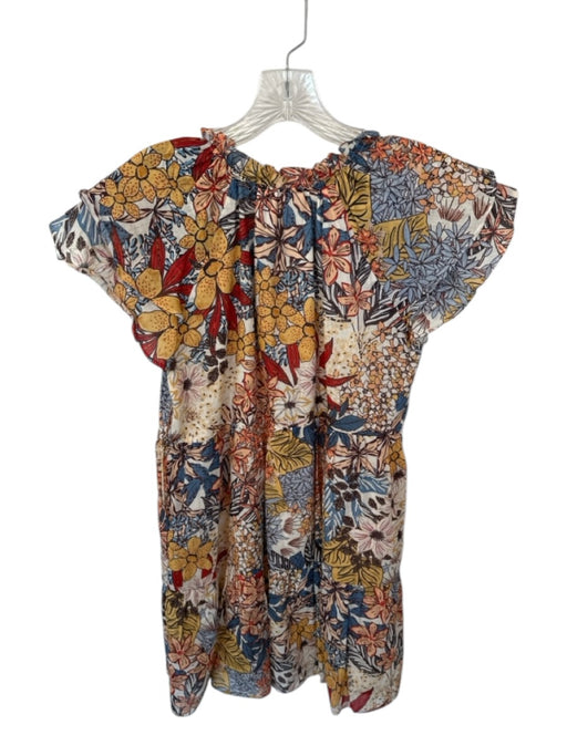 Lavender Brown Size S Orange & Blue Short Sleeve Botanical V Neck Dress Orange & Blue / S