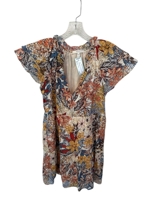 Lavender Brown Size S Orange & Blue Short Sleeve Botanical V Neck Dress Orange & Blue / S