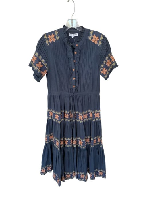 Ivy City Co Size XS Navy & Tan Cotton Short Sleeve Embroidered Buttons Dress Navy & Tan / XS