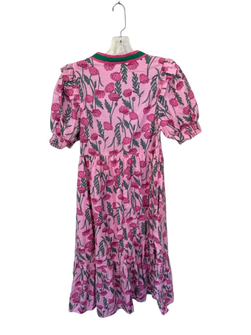 Entro Size S Pink & Green Cotton Short Balloon Sleeve Botanical V Neck Dress Pink & Green / S