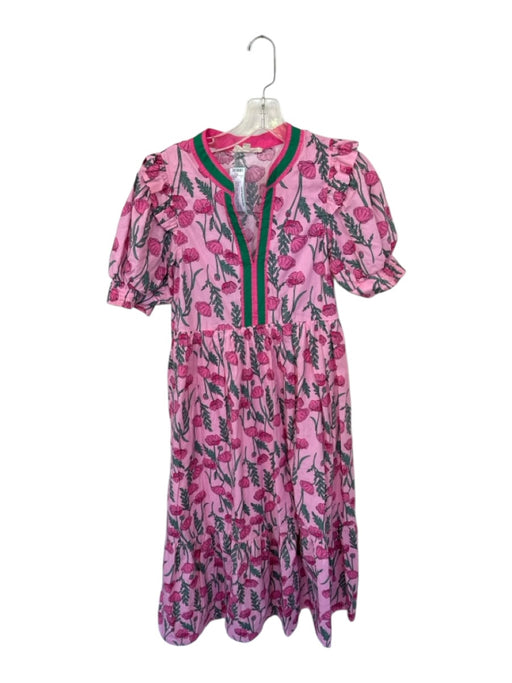 Entro Size S Pink & Green Cotton Short Balloon Sleeve Botanical V Neck Dress Pink & Green / S