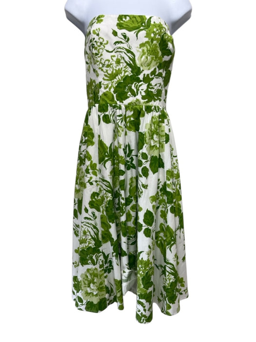 Reformation Size 10 Green & White Cotton Strapless Floral Print A Line Dress Green & White / 10