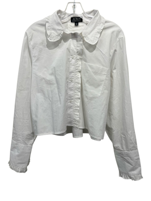 J Crew Size Medium White Cotton Long Sleeve Ruffles Button Front Collar Top White / Medium