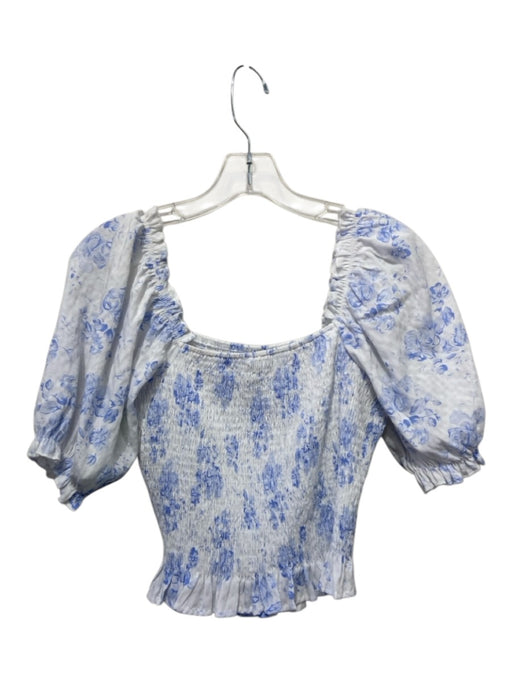English Factory Size Small Blue & White Long puff sleeve Floral Smocked Top Blue & White / Small