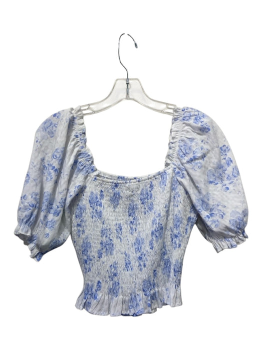 English Factory Size Small Blue & White Long puff sleeve Floral Smocked Top Blue & White / Small