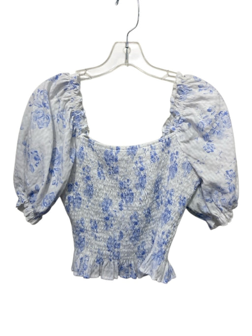 English Factory Size Small Blue & White Long puff sleeve Floral Smocked Top Blue & White / Small