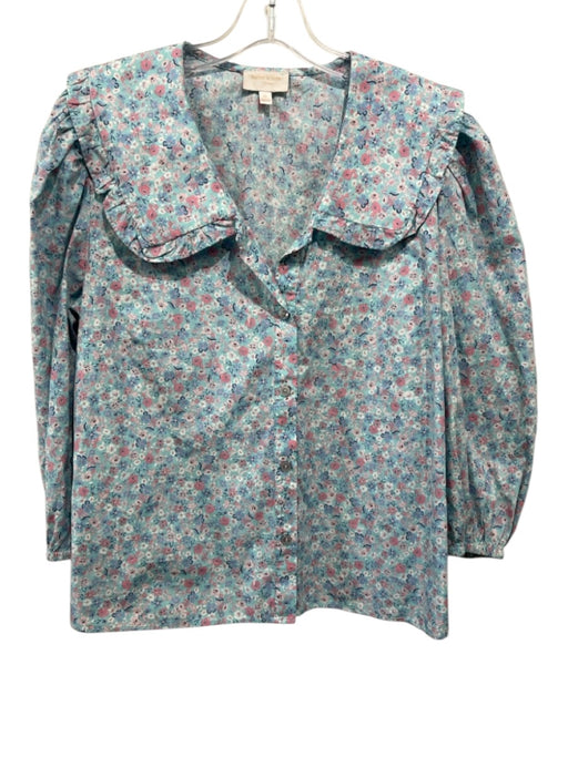 Feather & Bone Size XL Blue, Pink, White Cotton Long puff sleeve Floral Top Blue, Pink, White / XL