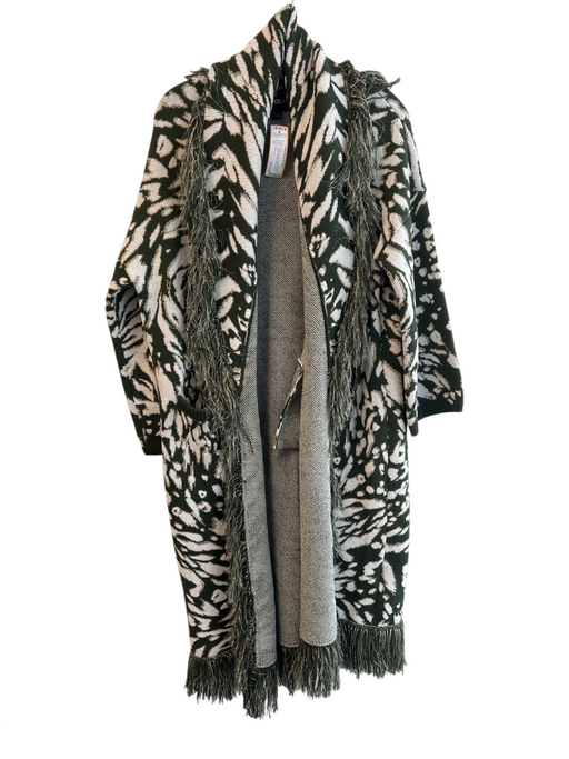 Dundas x Revolve Size XS Green & White Wool & Polyester Fringe Midi Sweater Coat Green & White / XS