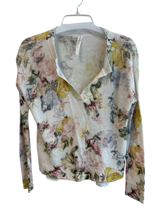 By Anthropologie Size XS Off White & Multi Viscose Floral Round Split Neck Top Off White & Multi / XS