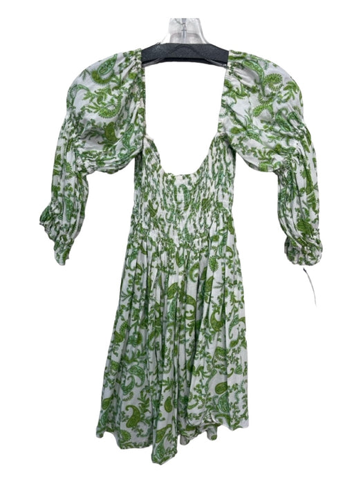 Misa Size L White & Green Rayon Blend Paisley Square Neck Smocked Bodice Dress White & Green / L