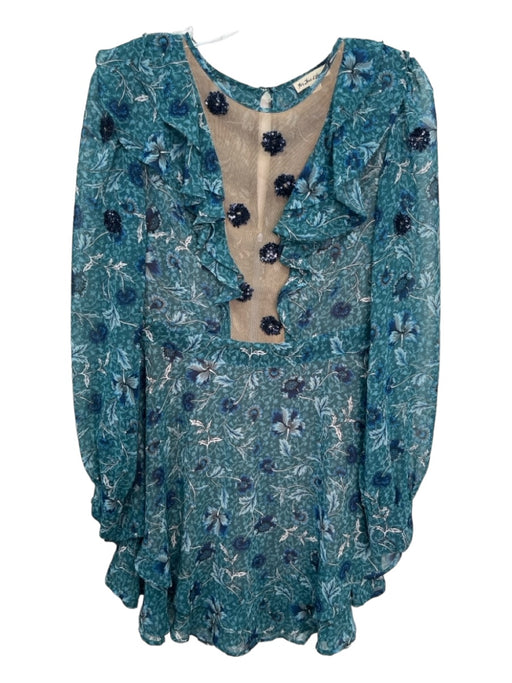 For Love & Lemons Size S Blue & Green Polyester Floral Paisley Mesh Panels Dress Blue & Green / S