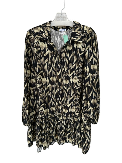 TCEC Size L Black & Tan Rayon Blend Long Balloon Sleeve Ikat Drop Waist Dress Black & Tan / L