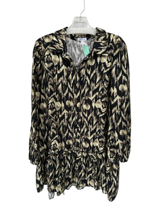 TCEC Size L Black & Tan Rayon Blend Long Balloon Sleeve Ikat Drop Waist Dress Black & Tan / L