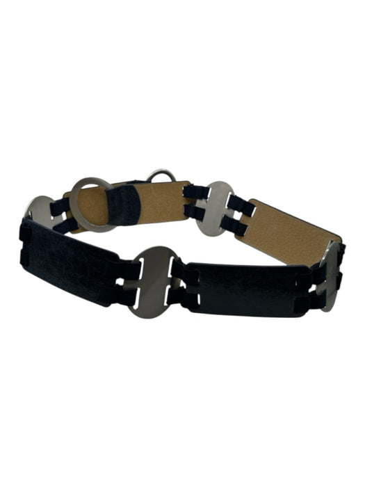 Chicos Navy & Silver Genuine Leather Geometric Connected Hook Closure Wide Belts Navy & Silver / S