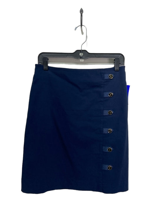 J Mclaughlin Size 4 Navy Rayon Blend Back Zip Button Detail Knee Length Skirt Navy / 4