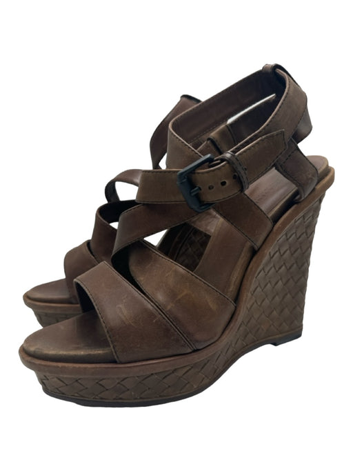 Bottega Veneta Shoe Size 40.5 Brown Leather Strappy Wedge Woven Sandals Brown / 40.5