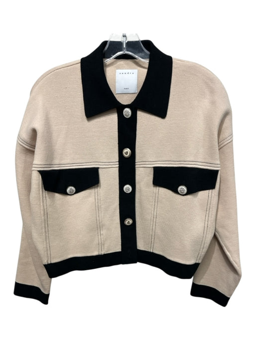 Sandro Size 0 Beige & Black Viscose Blend Button Up Front Pockets Cardigan Beige & Black / 0