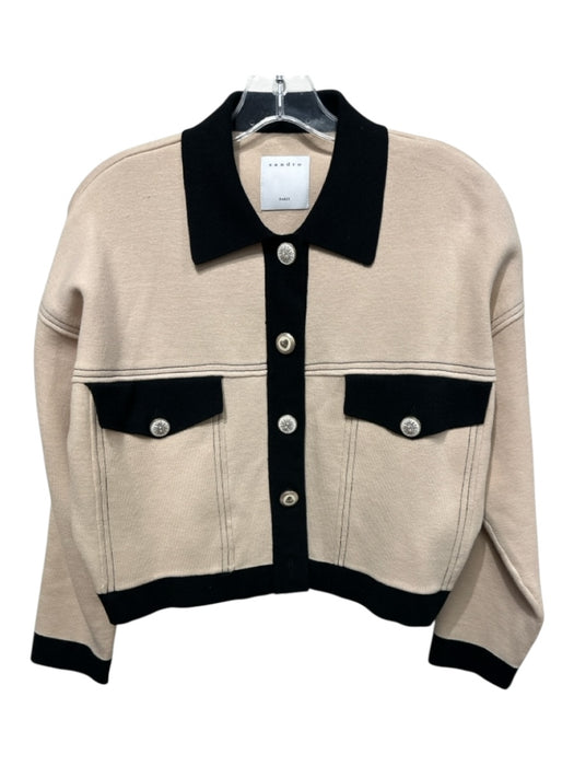 Sandro Size 0 Beige & Black Viscose Blend Button Up Front Pockets Cardigan Beige & Black / 0
